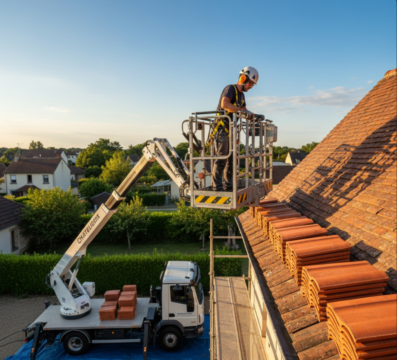 Pose de tuiles avec nacelle